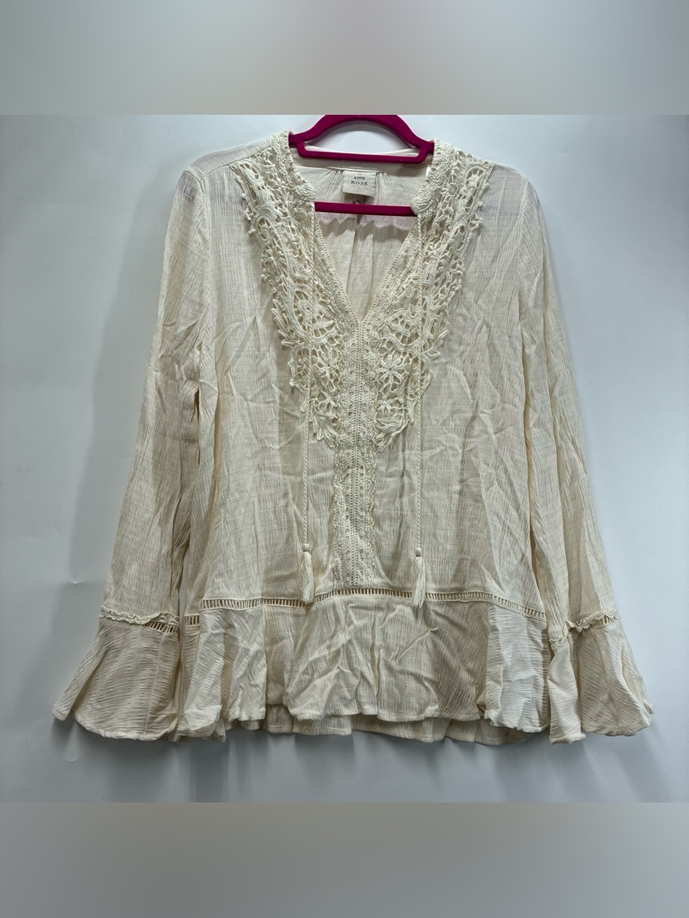 Knox Rose Plus Size XL Cream Lace Long Angel Sleeve Blouse Tassel Boho